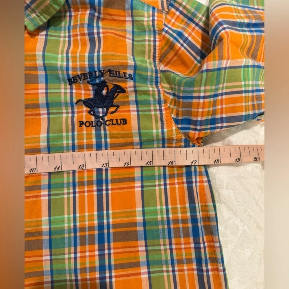 Beverly Hills Polo Club Orange Blue plaid Button Down Shirt elbow patches